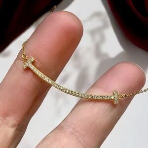🌺Gold/925 CZ Pave Curved Bar Necklace